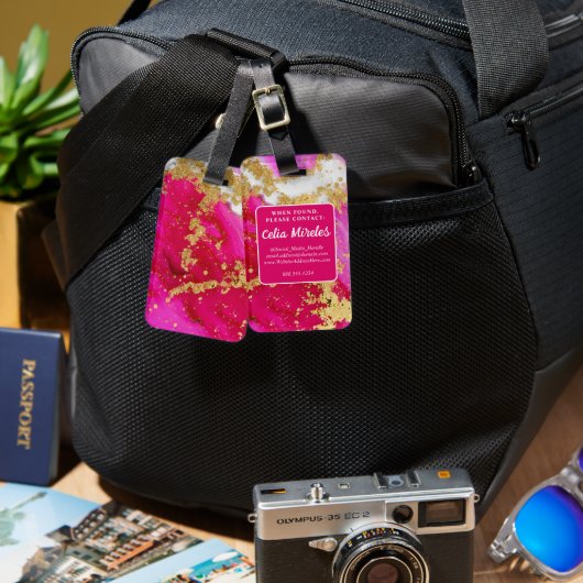 Étiquette À Bagage Gras Rose Chaud Marbre Rouge Blanc Faux Or Flakes (Recto & Verso)