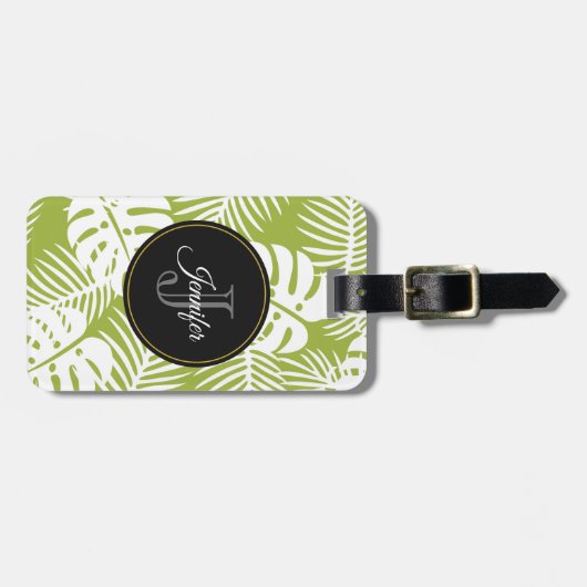 Étiquette À Bagage Green Palm Feuille Rainforest Motif Monogram (Devant horizontal)