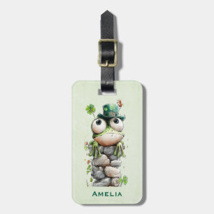 Étiquette À Bagage Grenouille au chapeau vert et trèfle mignonne