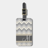 Étiquette À Bagage Gris & Linge Beige Chevron Motif avec Monogramme (Devant Vertical)
