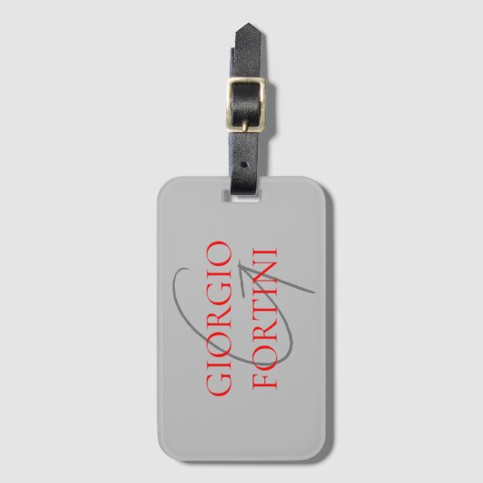 Étiquette À Bagage Gris Rouge Votre nom Monogramme initial Moderne (Devant Vertical)