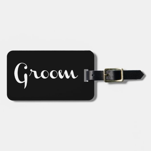 Étiquette À Bagage Groom Retro Script blanc sur noir (Devant horizontal)