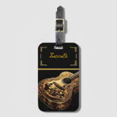 Étiquette À Bagage Guitare blanche et or avec Cowboy Art (Devant Vertical)