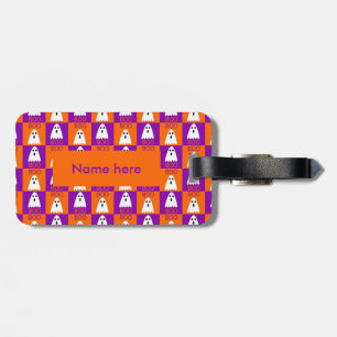 Étiquette À Bagage Halloween Boo Ghost Purple et Carrés orange