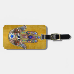 Étiquette À Bagage Hamsa Coeurs Fleurs Opal Art sur Or