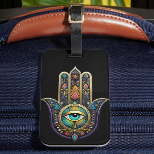 Étiquette À Bagage Hamsa noir coloré avec troisième œil turquoise