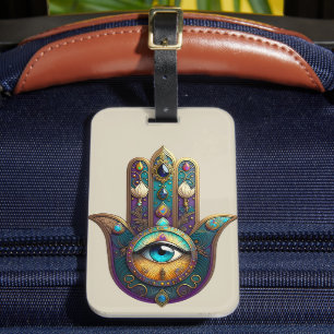 Étiquette À Bagage Hamsa Violet Doré Turquoise avec Troisième Œil Tur