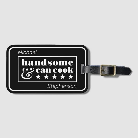 Étiquette À Bagage Handsome & Can Cook Black Typography Father's Day (Devant Horizontal)