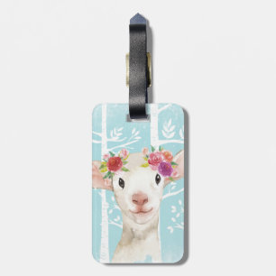 Étiquette À Bagage Happy Animal avec Fleurs en Bleu Forêt-Mouton