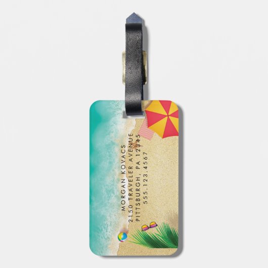 Étiquette À Bagage Hawaii bleu océan & plage de sable photo nom perso (Dos Vertical)