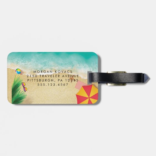 Étiquette À Bagage Hawaii bleu océan & plage de sable photo nom perso (Dos horizontal)