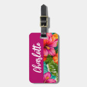 Étiquette À Bagage Hibiscus floral tropical Monogramme (Devant Vertical)