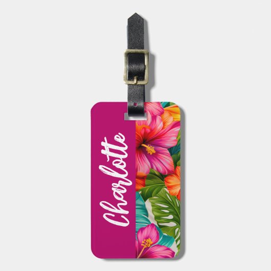 Étiquette À Bagage Hibiscus floral tropical Monogramme (Devant Vertical)