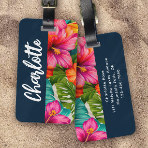 Étiquette À Bagage Hibiscus floral tropical Monogramme
