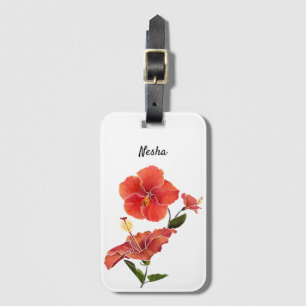 Étiquette À Bagage Hibiscus rouge Aquarelle Fleurs