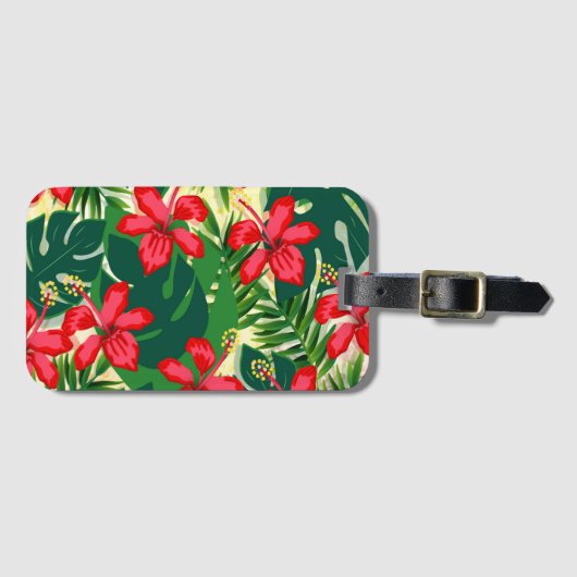 Étiquette À Bagage Hibiscus tropical coloré rouge et vert (Devant Horizontal)