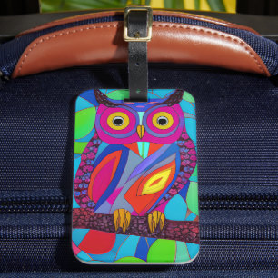 Étiquette À Bagage Hibou fantaisiste aux plumes colorées