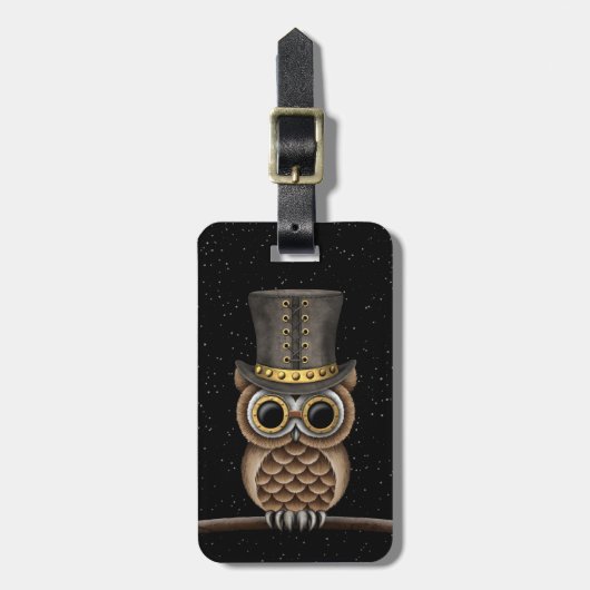 Étiquette À Bagage Hibou mignon de Steampunk sur une branche avec des (Devant Vertical)