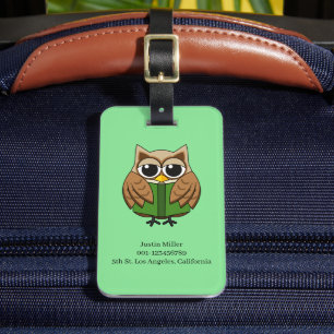 Étiquette À Bagage Hibou Vermivore lisant un livre de dessin animé
