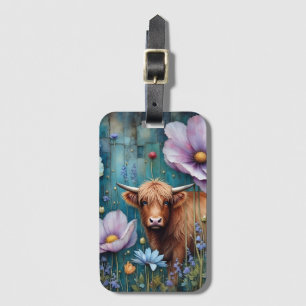 Étiquette À Bagage Highland Cow Floral Coloré Cosmos Tapestry II