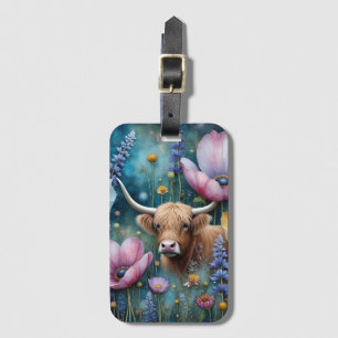 Étiquette À Bagage Highland Cow Floral Coloré Cosmos Tapestry II