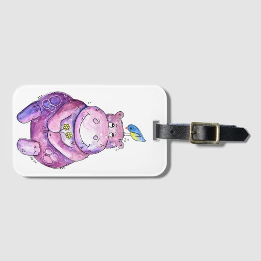 Étiquette À Bagage Hippo mignon violet blanc (Devant Horizontal)