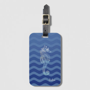 Étiquette À Bagage Hippocampe Vagues Rayure Bleu Marine Nautique