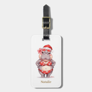 Étiquette À Bagage Hippopotame en bikini rouge pour Noël