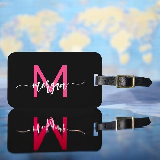 Étiquette À Bagage Hot Pink World Black Traveller Nom du monogramme