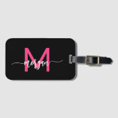 Étiquette À Bagage Hot Pink World Black Traveller Nom du monogramme (Devant Horizontal)