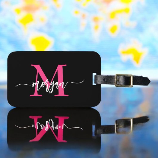 Étiquette À Bagage Hot rose Black World Voyageur Nom du monogramme