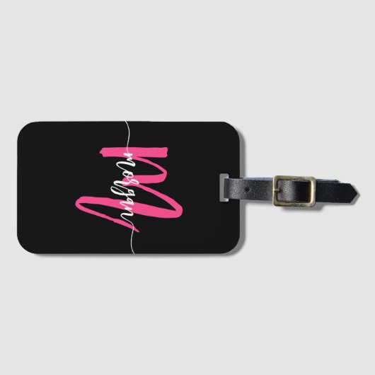 Étiquette À Bagage Hot rose Black World Voyageur Nom du monogramme (Devant Horizontal)