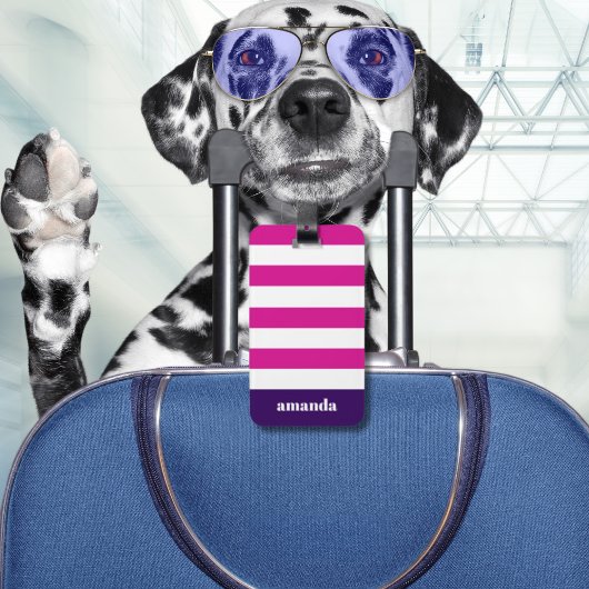 Étiquette À Bagage Hot Rose White Strips Nom personnalisé