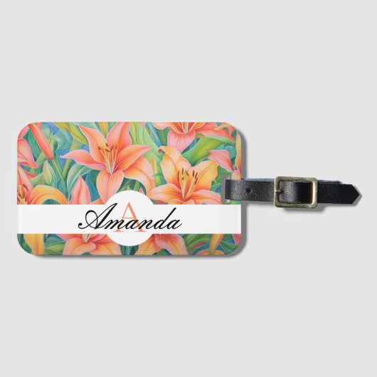 Étiquette À Bagage Huile Pastel Orange & Green Lily Motif Monogramme (Devant Horizontal)