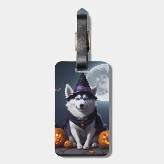 Étiquette À Bagage Husky Chien Halloween Aventure Lune Magie Éffrayan (Dos Vertical)
