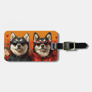 Étiquette À Bagage Husky sibérien avec roses du cœur pour la Saint-Va