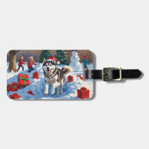 Étiquette À Bagage Husky sibérien courant dans la neige avec un chape