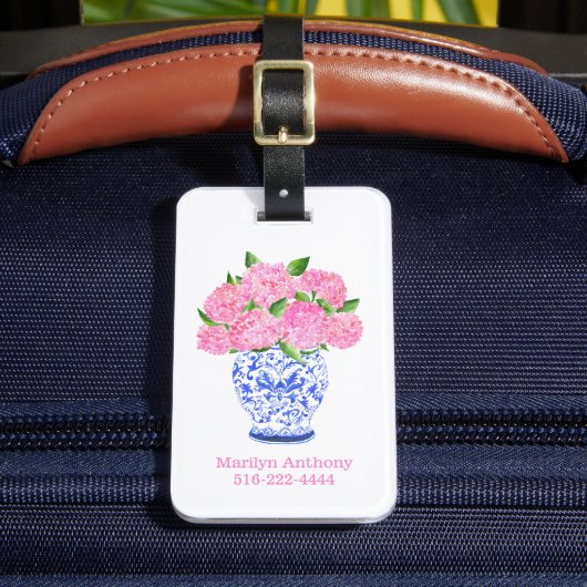 Étiquette À Bagage Hydrangea rose en aquarelle chinoiserie nom numéro (Insitu Rectoal 2)