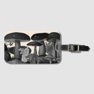 Étiquette À Bagage Illustration vintage de champignons en noir et bla