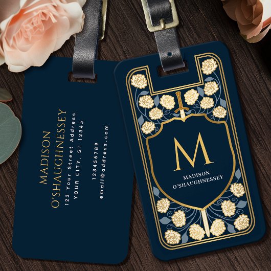 Étiquette À Bagage Imaginaire médiéval du bouclier d'épée bleue Monog