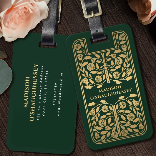 Étiquette À Bagage Imaginaire médiéval vert Nom de l'épée d'or