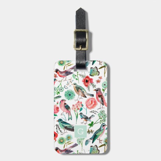 Étiquette À Bagage Imprimé oiseaux partout avec monogramme (Devant Vertical)