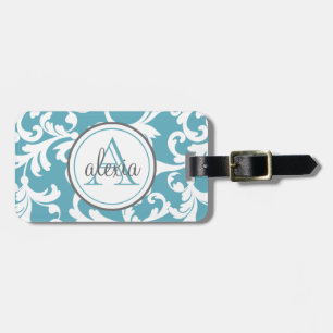 Étiquette À Bagage Imprimer Damas monogrammes bleu océan