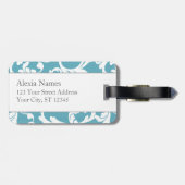 Étiquette À Bagage Imprimer Damas monogrammes bleu océan (Dos horizontal)