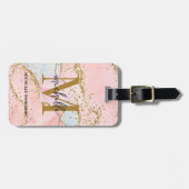 Étiquette À Bagage Initiale Monogramme en Agate Rose avec Paillettes (Devant horizontal)