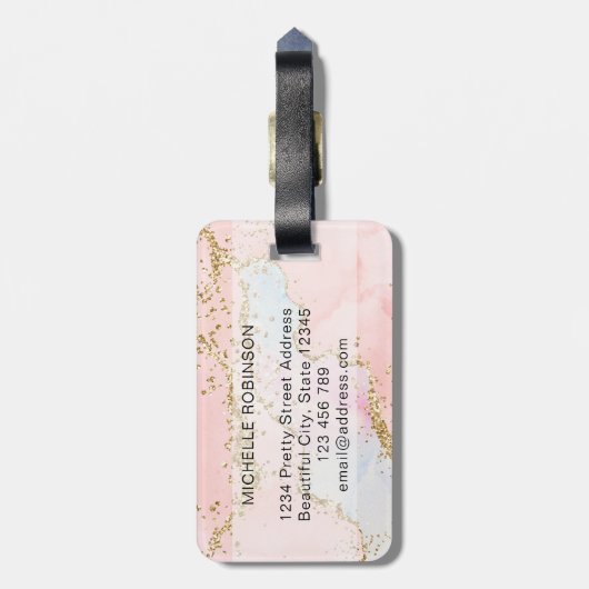 Étiquette À Bagage Initiale Monogramme en Agate Rose avec Paillettes (Dos Vertical)