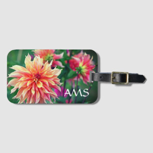 Étiquette À Bagage Initiales à la fleur de dahlia orange et rose