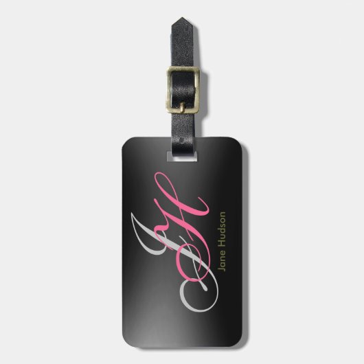 Étiquette À Bagage Initiales de monogramme gris noir Simple (Devant Vertical)