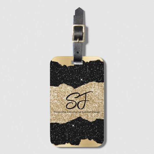 Étiquette À Bagage Initiales de monogramme sur paillettes noires et d (Devant Vertical)
