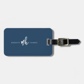 Étiquette À Bagage Initiales de script Monogramme moderne bleu marine (Devant horizontal)
